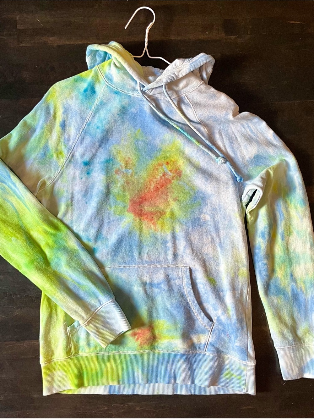 Ice-Dye Pullover Hoodie in Pastel Blue, Lime & Coral